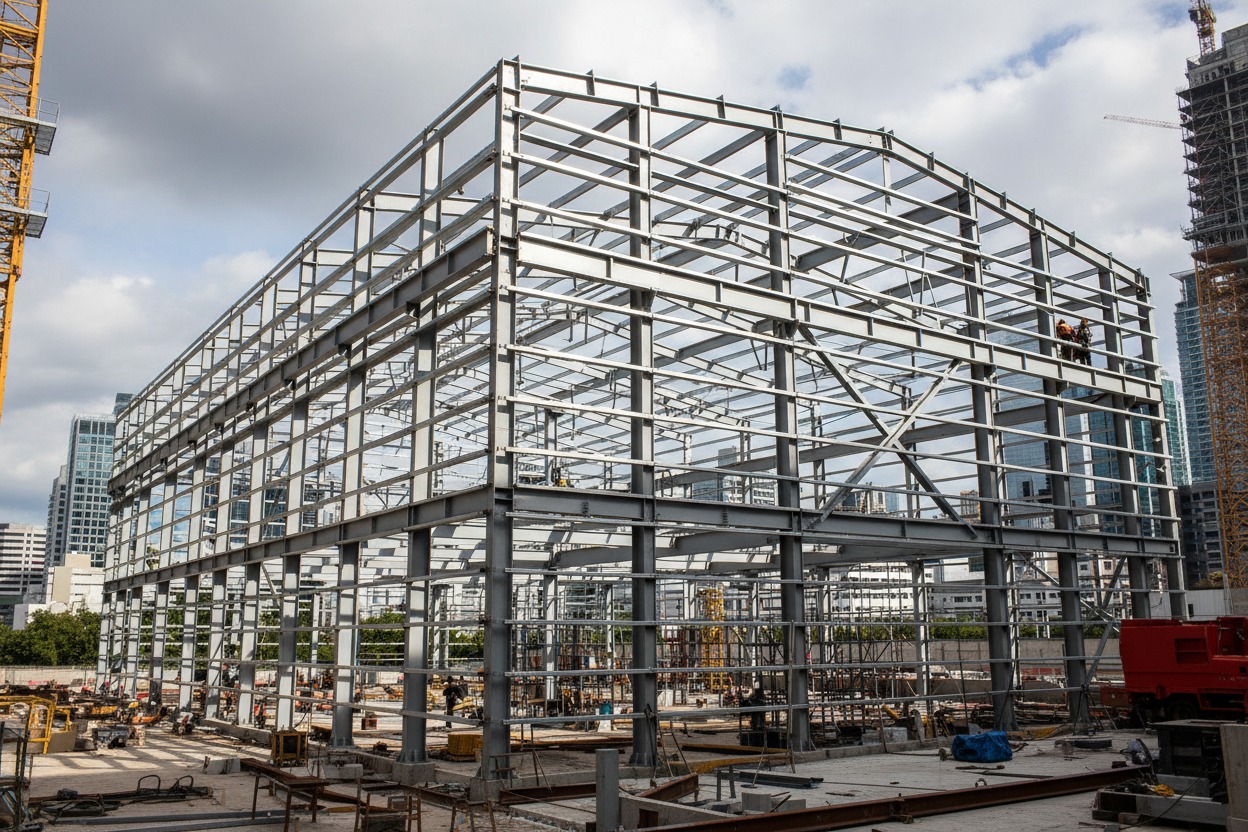 Estrutura metálica de galpão industrial em construção na região de Belo Horizonte e Nova Lima, mostrando vigas de aço e montagem da cobertura metálica.